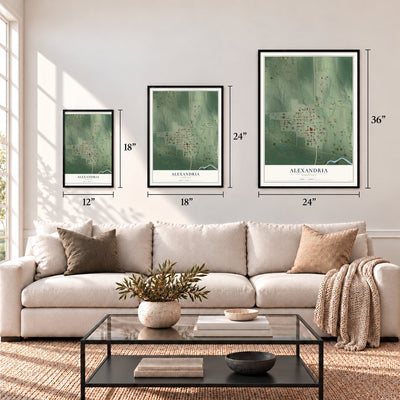 Alexandria, Nebraska map in 12 x 18, 18 x 24 and 24 x 36 inch sizes above a sofa