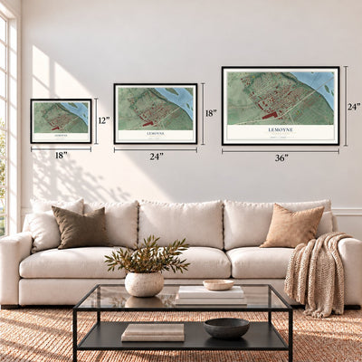 Lemoyne, Pennsylvania map in 12 x 18, 18 x 24 and 24 x 36 inch sizes above a sofa