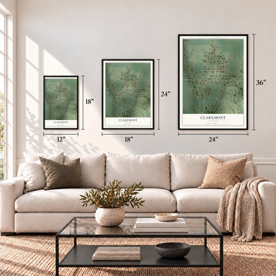 Claremont, Illinois map in 12 x 18, 18 x 24 and 24 x 36 inch sizes above a sofa