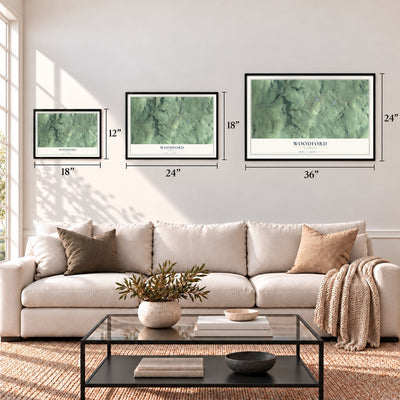 Woodford, Vermont map in 12 x 18, 18 x 24 and 24 x 36 inch sizes above a sofa