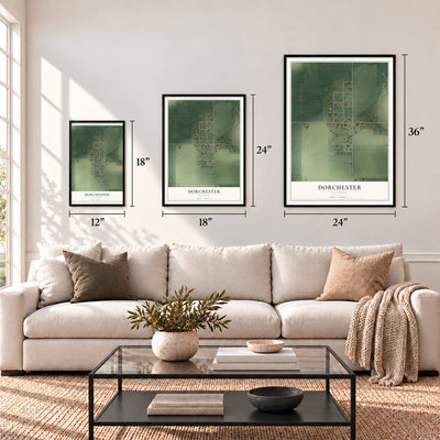 Dorchester, Illinois map in 12 x 18, 18 x 24 and 24 x 36 inch sizes above a sofa