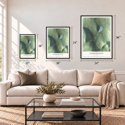 Jacksonville, Vermont map in 12 x 18, 18 x 24 and 24 x 36 inch sizes above a sofa