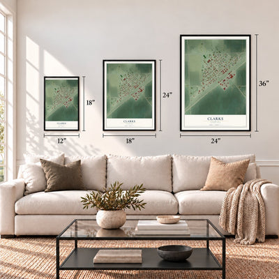 Clarks, Nebraska map in 12 x 18, 18 x 24 and 24 x 36 inch sizes above a sofa