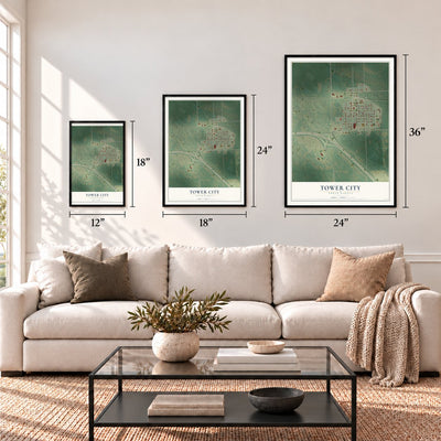 Tower City, North Dakota map in 12 x 18, 18 x 24 and 24 x 36 inch sizes above a sofa