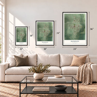 Iroquois, South Dakota map in 12 x 18, 18 x 24 and 24 x 36 inch sizes above a sofa