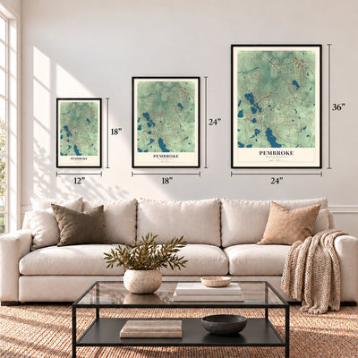 Pembroke, Massachusetts map in 12 x 18, 18 x 24 and 24 x 36 inch sizes above a sofa