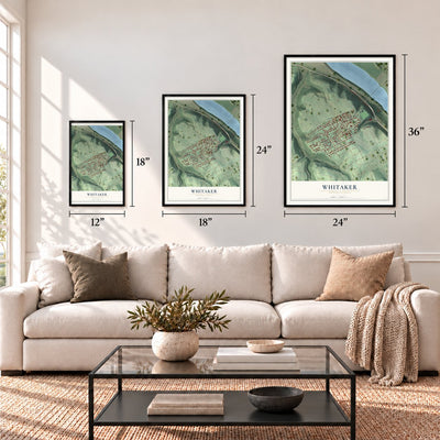 Whitaker, Pennsylvania map in 12 x 18, 18 x 24 and 24 x 36 inch sizes above a sofa