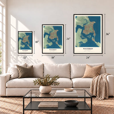 Winthrop, Massachusetts map in 12 x 18, 18 x 24 and 24 x 36 inch sizes above a sofa