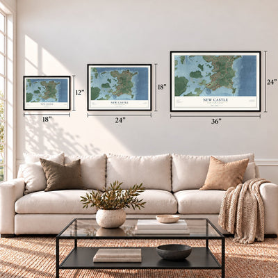 New Castle, New Hampshire map in 12 x 18, 18 x 24 and 24 x 36 inch sizes above a sofa