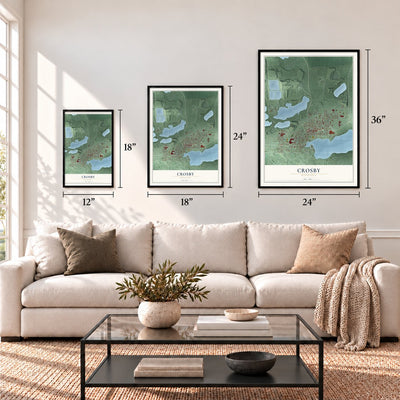 Crosby, Minnesota map in 12 x 18, 18 x 24 and 24 x 36 inch sizes above a sofa