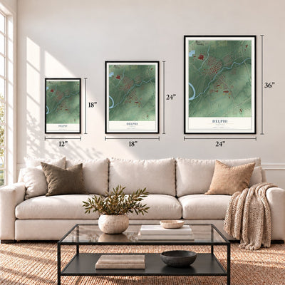 Delphi, Indiana map in 12 x 18, 18 x 24 and 24 x 36 inch sizes above a sofa