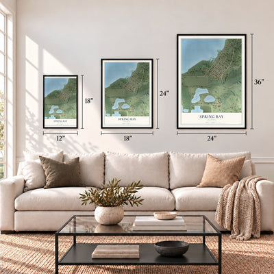 Spring Bay, Illinois map in 12 x 18, 18 x 24 and 24 x 36 inch sizes above a sofa