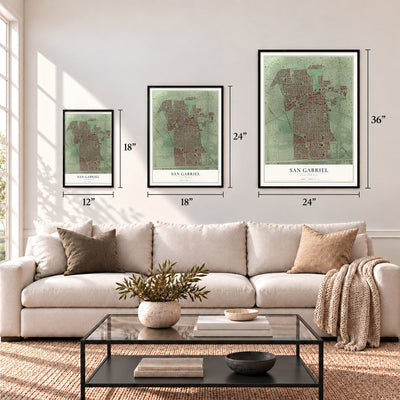 San Gabriel, California map in 12 x 18, 18 x 24 and 24 x 36 inch sizes above a sofa