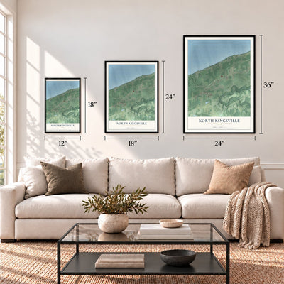 North Kingsville, Ohio map in 12 x 18, 18 x 24 and 24 x 36 inch sizes above a sofa