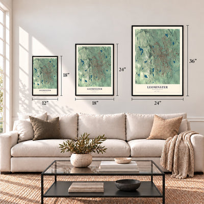 Leominster, Massachusetts map in 12 x 18, 18 x 24 and 24 x 36 inch sizes above a sofa