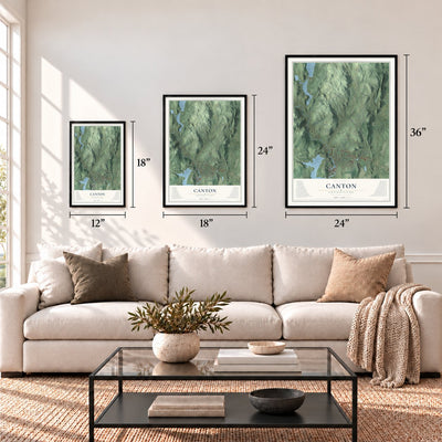 Canton, Connecticut map in 12 x 18, 18 x 24 and 24 x 36 inch sizes above a sofa