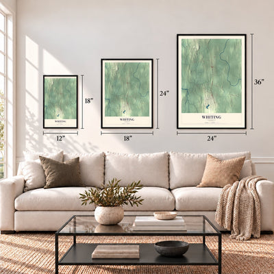 Whiting, Vermont map in 12 x 18, 18 x 24 and 24 x 36 inch sizes above a sofa