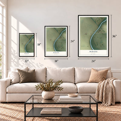 McBaine, Missouri map in 12 x 18, 18 x 24 and 24 x 36 inch sizes above a sofa
