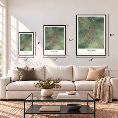 Geneseo, Illinois map in 12 x 18, 18 x 24 and 24 x 36 inch sizes above a sofa