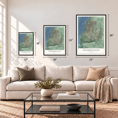 University Place, Washington map in 12 x 18, 18 x 24 and 24 x 36 inch sizes above a sofa