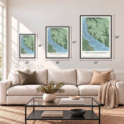 Town of Stockholm, Wisconsin map in 12 x 18, 18 x 24 and 24 x 36 inch sizes above a sofa