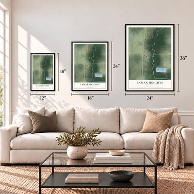 Lamar Heights, Missouri map in 12 x 18, 18 x 24 and 24 x 36 inch sizes above a sofa