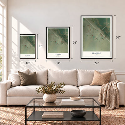 Leadore, Idaho map in 12 x 18, 18 x 24 and 24 x 36 inch sizes above a sofa
