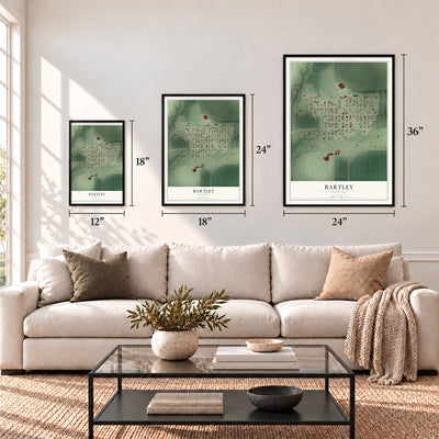 Bartley, Nebraska map in 12 x 18, 18 x 24 and 24 x 36 inch sizes above a sofa