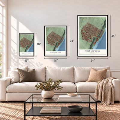 West New York, New Jersey map in 12 x 18, 18 x 24 and 24 x 36 inch sizes above a sofa