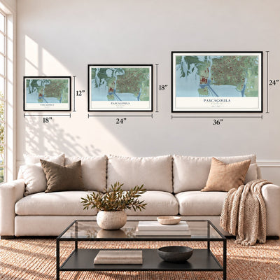 Pascagoula, Mississippi map in 12 x 18, 18 x 24 and 24 x 36 inch sizes above a sofa