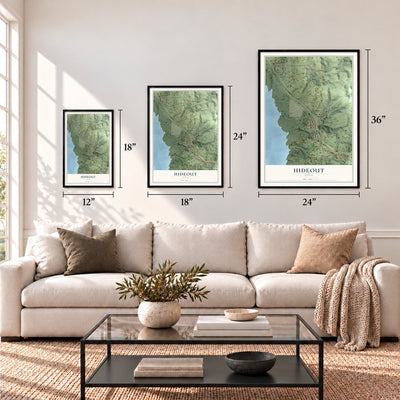 Hideout, Utah map in 12 x 18, 18 x 24 and 24 x 36 inch sizes above a sofa