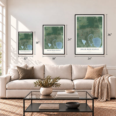 Sugar Bush Knolls, Ohio map in 12 x 18, 18 x 24 and 24 x 36 inch sizes above a sofa