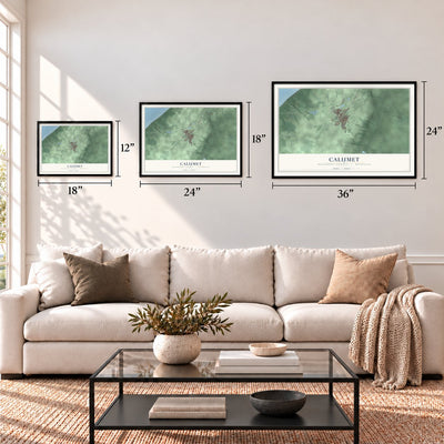 Calumet, Houghton County, Michigan map in 12 x 18, 18 x 24 and 24 x 36 inch sizes above a sofa