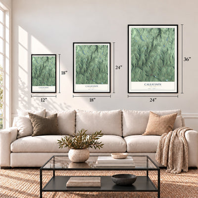 Callicoon, New York map in 12 x 18, 18 x 24 and 24 x 36 inch sizes above a sofa