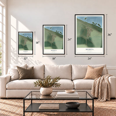 Melbeta, Nebraska map in 12 x 18, 18 x 24 and 24 x 36 inch sizes above a sofa