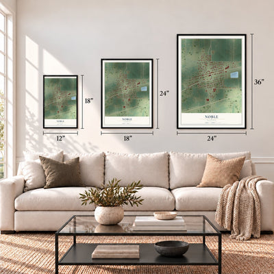 Noble, Illinois map in 12 x 18, 18 x 24 and 24 x 36 inch sizes above a sofa
