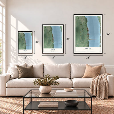 Sibley, North Dakota map in 12 x 18, 18 x 24 and 24 x 36 inch sizes above a sofa