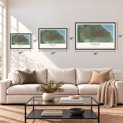 Wilmette, Illinois map in 12 x 18, 18 x 24 and 24 x 36 inch sizes above a sofa