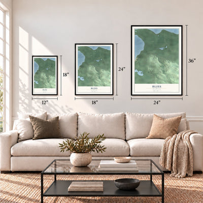 Bliss, Michigan map in 12 x 18, 18 x 24 and 24 x 36 inch sizes above a sofa