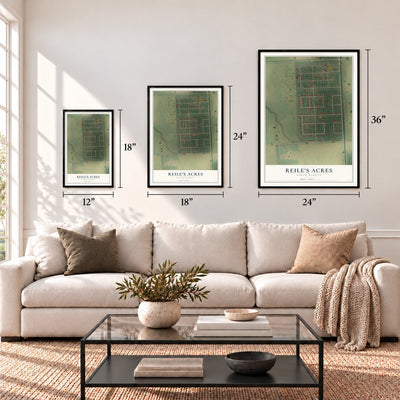Reile's Acres, North Dakota map in 12 x 18, 18 x 24 and 24 x 36 inch sizes above a sofa