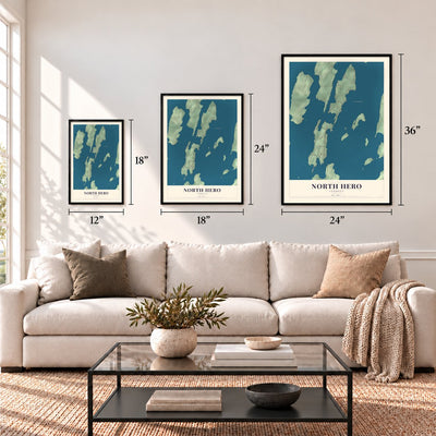 North Hero, Vermont map in 12 x 18, 18 x 24 and 24 x 36 inch sizes above a sofa