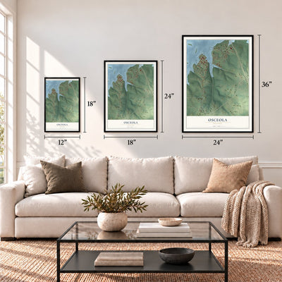 Osceola, Missouri map in 12 x 18, 18 x 24 and 24 x 36 inch sizes above a sofa