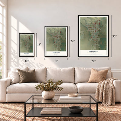 Broadus, Montana map in 12 x 18, 18 x 24 and 24 x 36 inch sizes above a sofa