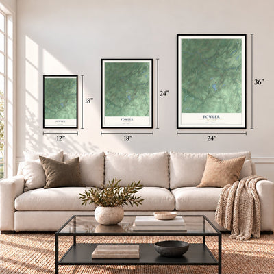 Fowler, New York map in 12 x 18, 18 x 24 and 24 x 36 inch sizes above a sofa