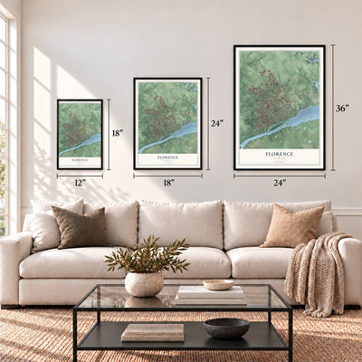 Florence, Alabama map in 12 x 18, 18 x 24 and 24 x 36 inch sizes above a sofa