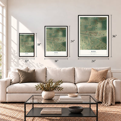 Ross, North Dakota map in 12 x 18, 18 x 24 and 24 x 36 inch sizes above a sofa