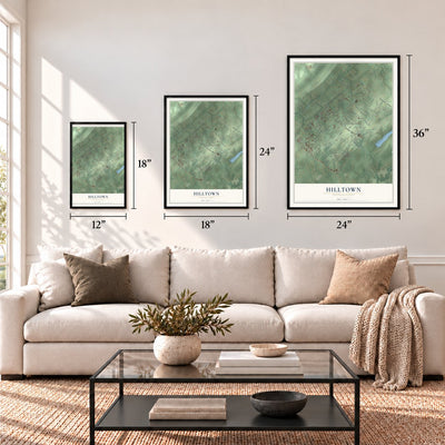 Hilltown, Pennsylvania map in 12 x 18, 18 x 24 and 24 x 36 inch sizes above a sofa