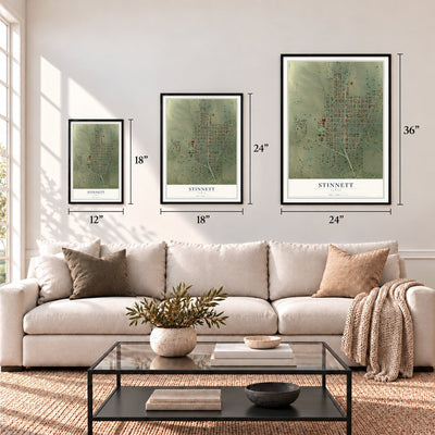 Stinnett, Texas map in 12 x 18, 18 x 24 and 24 x 36 inch sizes above a sofa