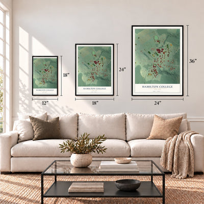 Hamilton College, New York map in 12 x 18, 18 x 24 and 24 x 36 inch sizes above a sofa