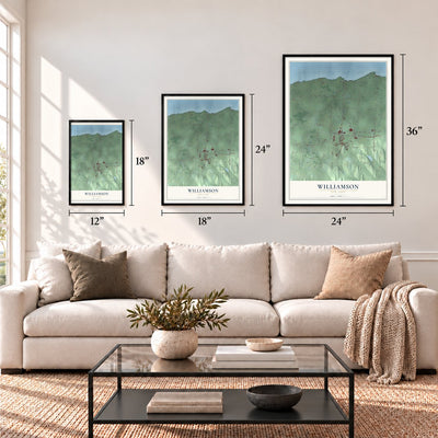 Williamson, New York map in 12 x 18, 18 x 24 and 24 x 36 inch sizes above a sofa